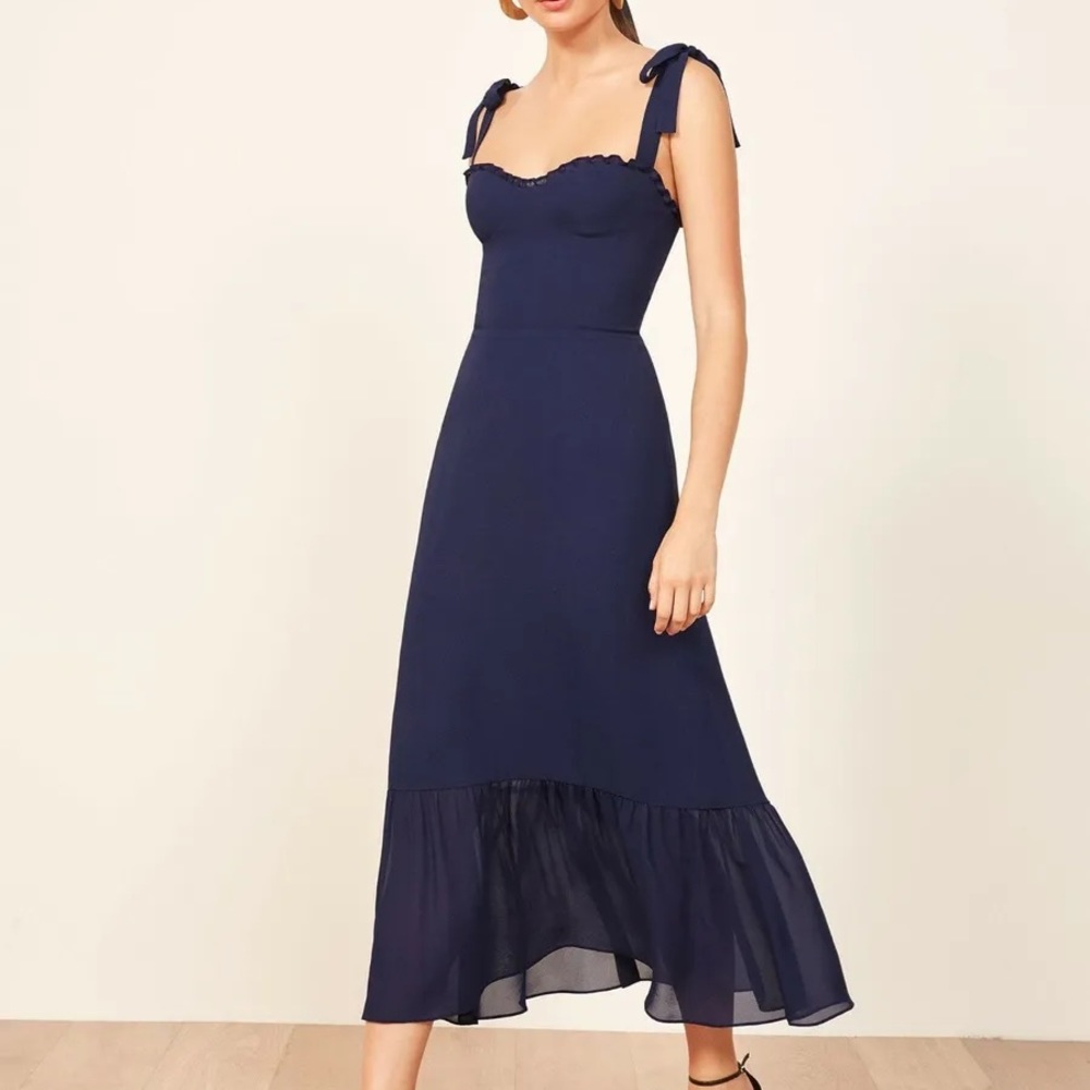 REFORMATION NIKITA Ruffle Shoulder Tie Dress Blue (D2)